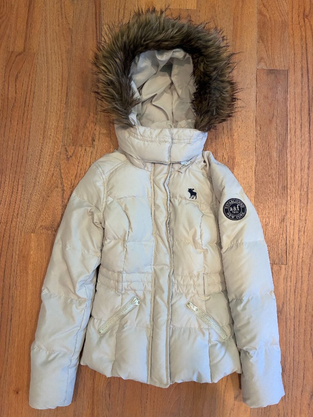 Abercrombie Kids Ivory Off-White Down Blend Puffer Coat Faux Fur Hood Small